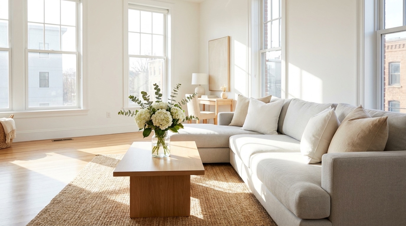 A bright, spotless Charlotte family living room after an S&S clean